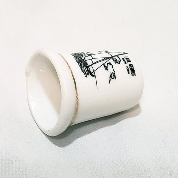 Lake George New York Sailboat Thimble Souvenir Porcelain Vintage 1" White Black - Picture 10 of 10